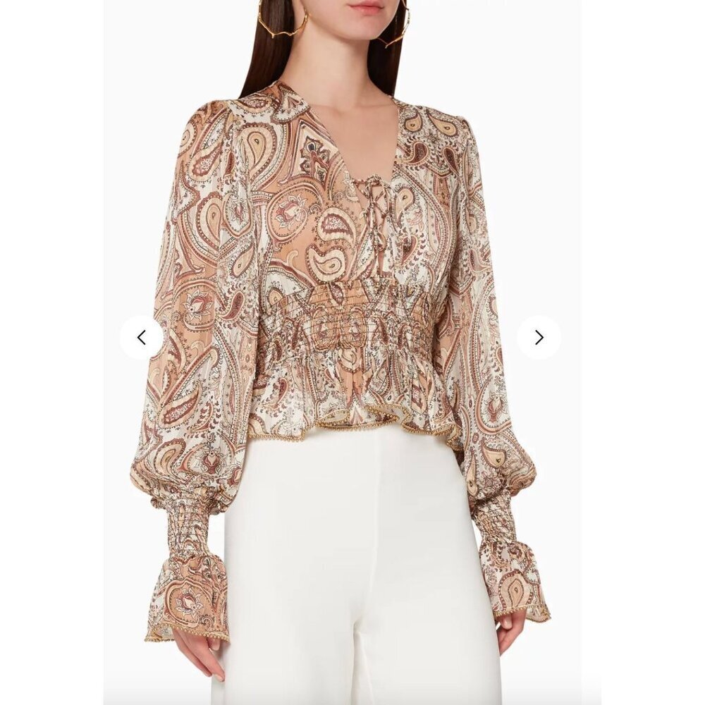 SHONA JOY Pallenberg Paisley Shirred Lace-up Long-sleeve Peplum Blouse Multi 4